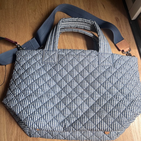 MZ Wallace Seersucker Navy and White Quilted Tote - Picture 6 of 10